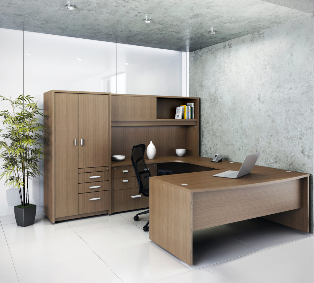 Commercial U-Desk with File Drawers and Wardrobe Storage in Laminate