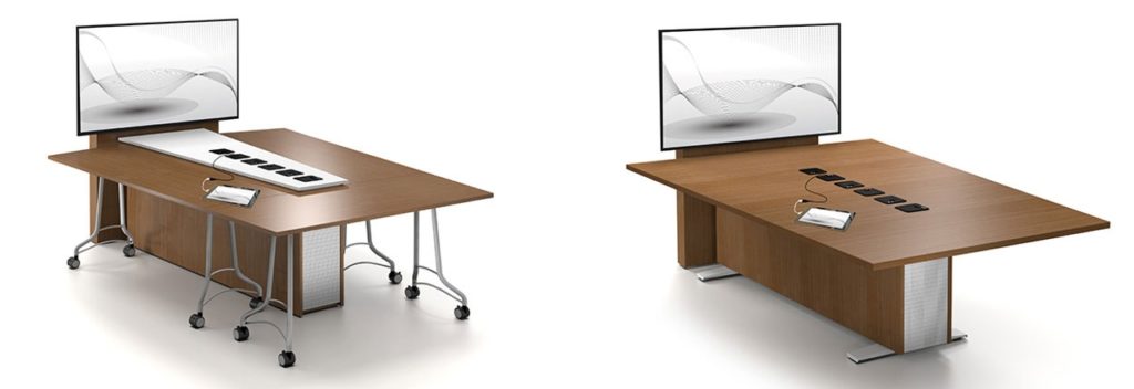 Huddle Space Media Table shown in Mobile and Stationary Models MI