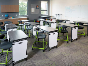 Modern Classroom Furniture - Desks on Casters, Chairs on Casters with Storage Shelf